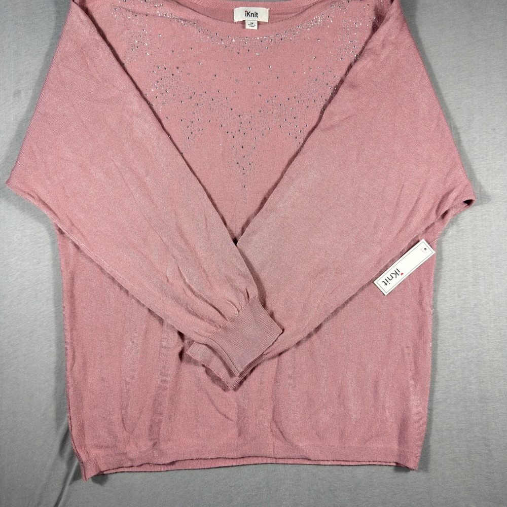 iKnit Womens 1X Dusty Rose Rhinestone Embellished Dolman Sleeve Sweater NWT